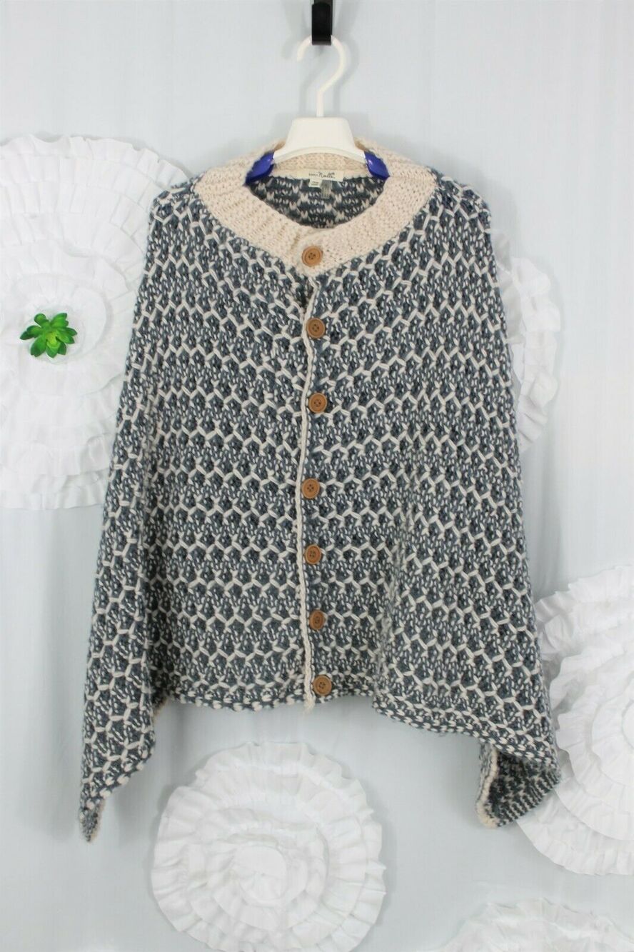 Simply Noelle Mock Neck Chunky Knit Poncho Shawl Cape Blue/ Ivory Button Up OS